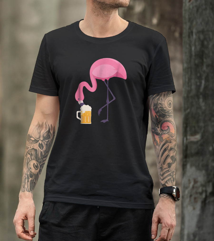 Flamingo Drinking Beer Concept With Pink Bird And Pint Glass T-Shirt