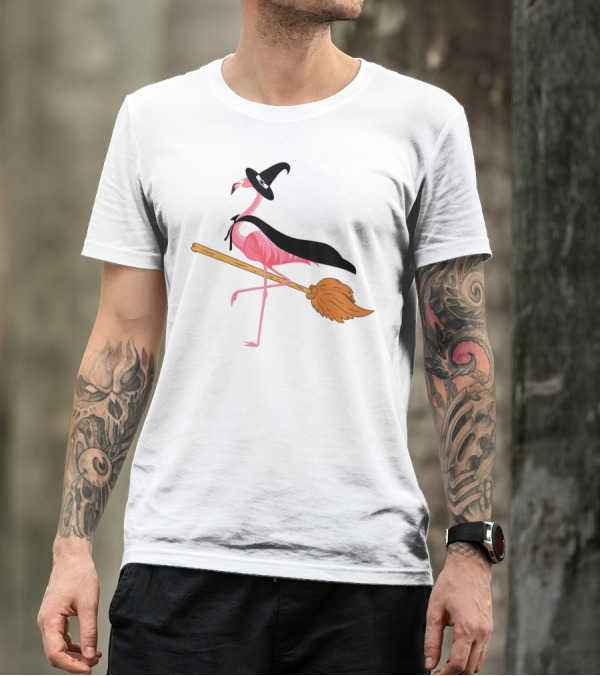 Funny Flamingo Witch Riding Broomstick T-Shirt
