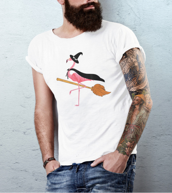 Funny Flamingo Witch Riding Broomstick T-Shirt