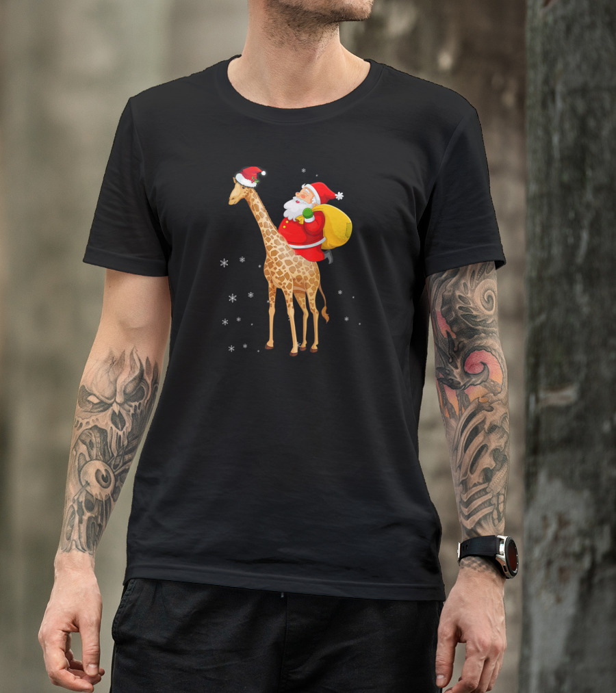 Santa Claus Riding A Giraffe With Snowflakes T-Shirt