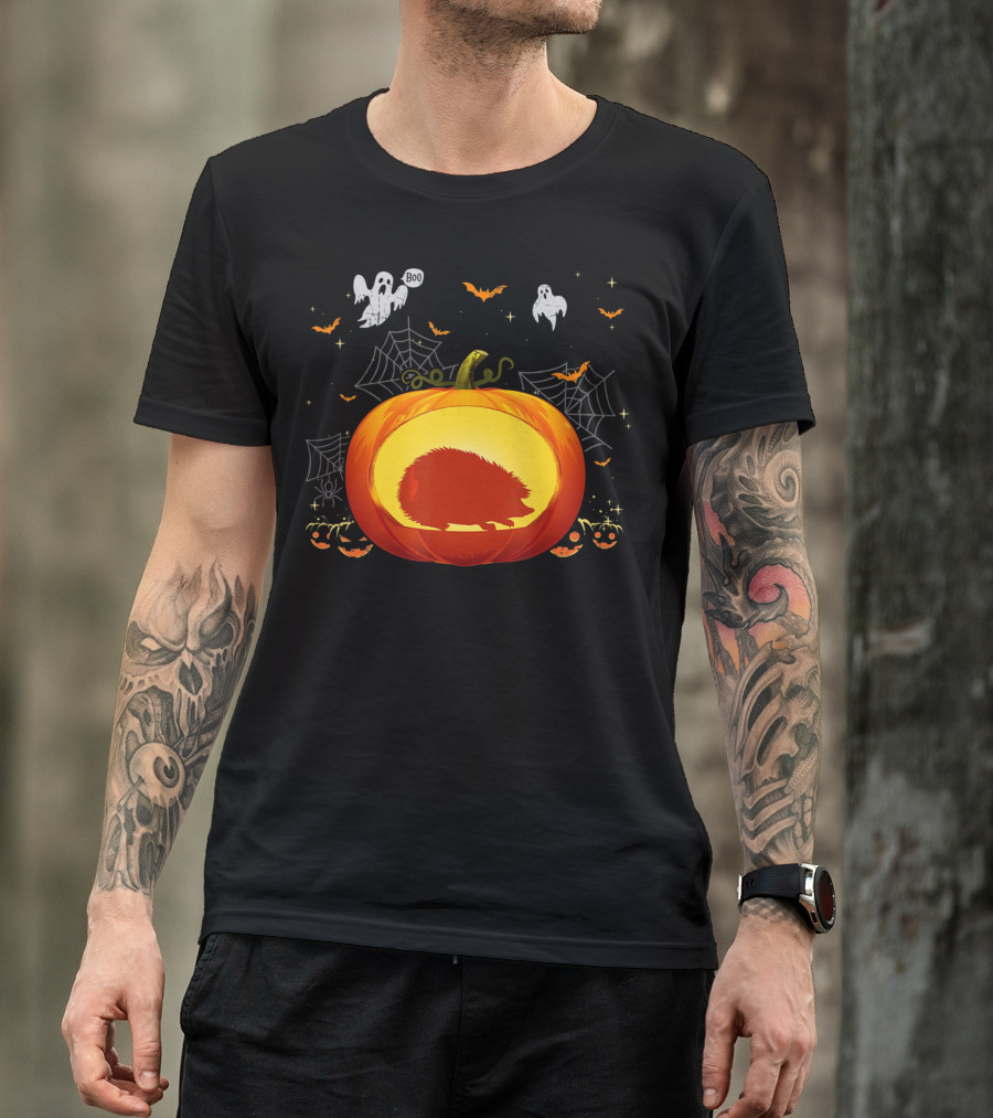 Hedgehog Silhouette In Halloween Pumpkin With Ghosts And Spiderwebs T-Shirt