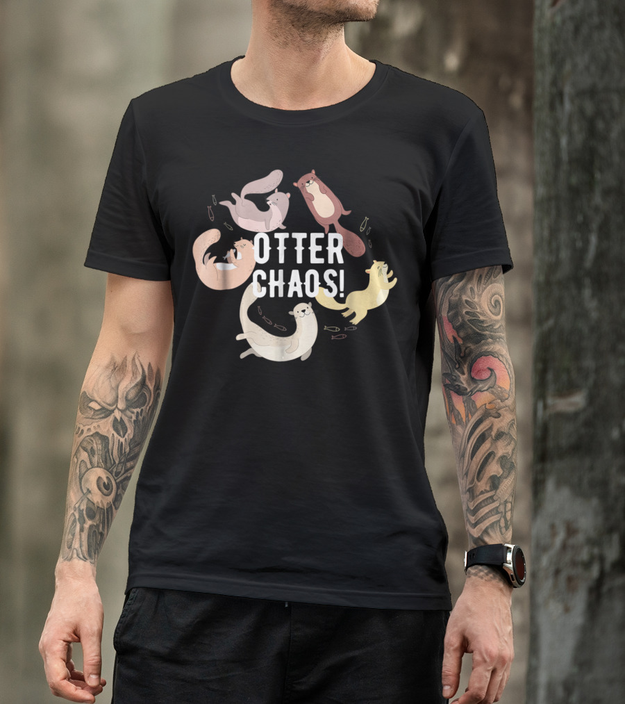 Otter Chaos Playful Otters Tumbling With Fish T-Shirt