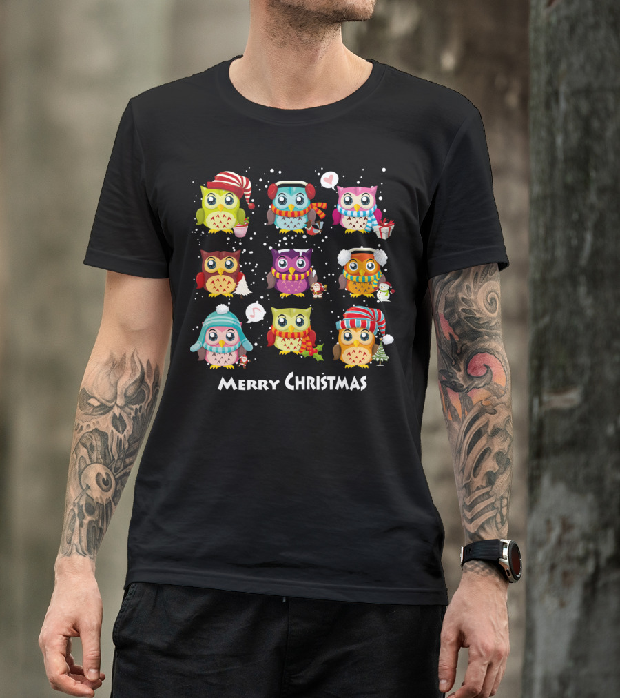 Merry Christmas Cute Owl Festive Holiday Scene T-Shirt