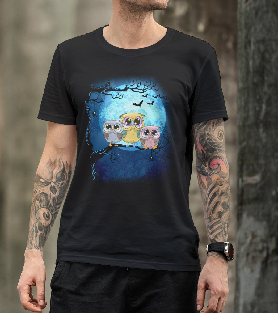 Night Family Owls Under Full Moon With Bats And Spiders T-Shirt