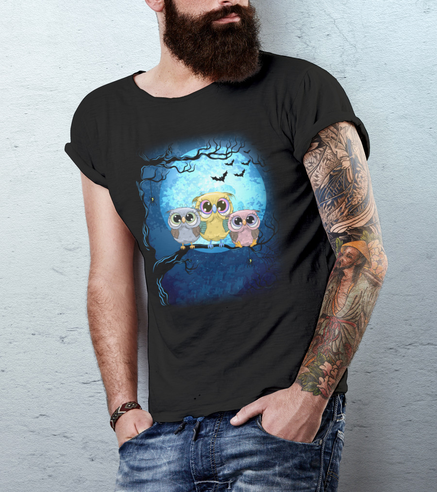 Night Family Owls Under Full Moon With Bats And Spiders T-Shirt
