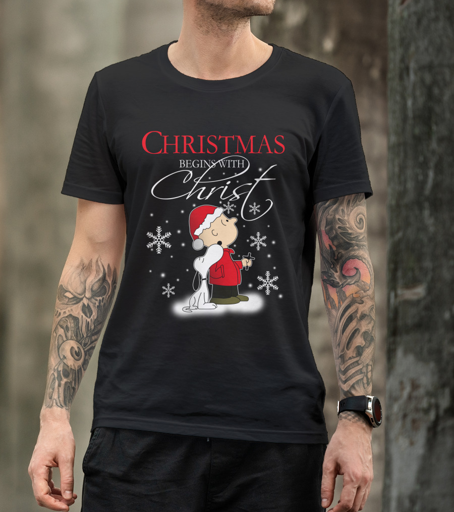 Christmas Begins With Christ Snoopy The Peanuts Movie Charlie Brown Snowflakes T-Shirt