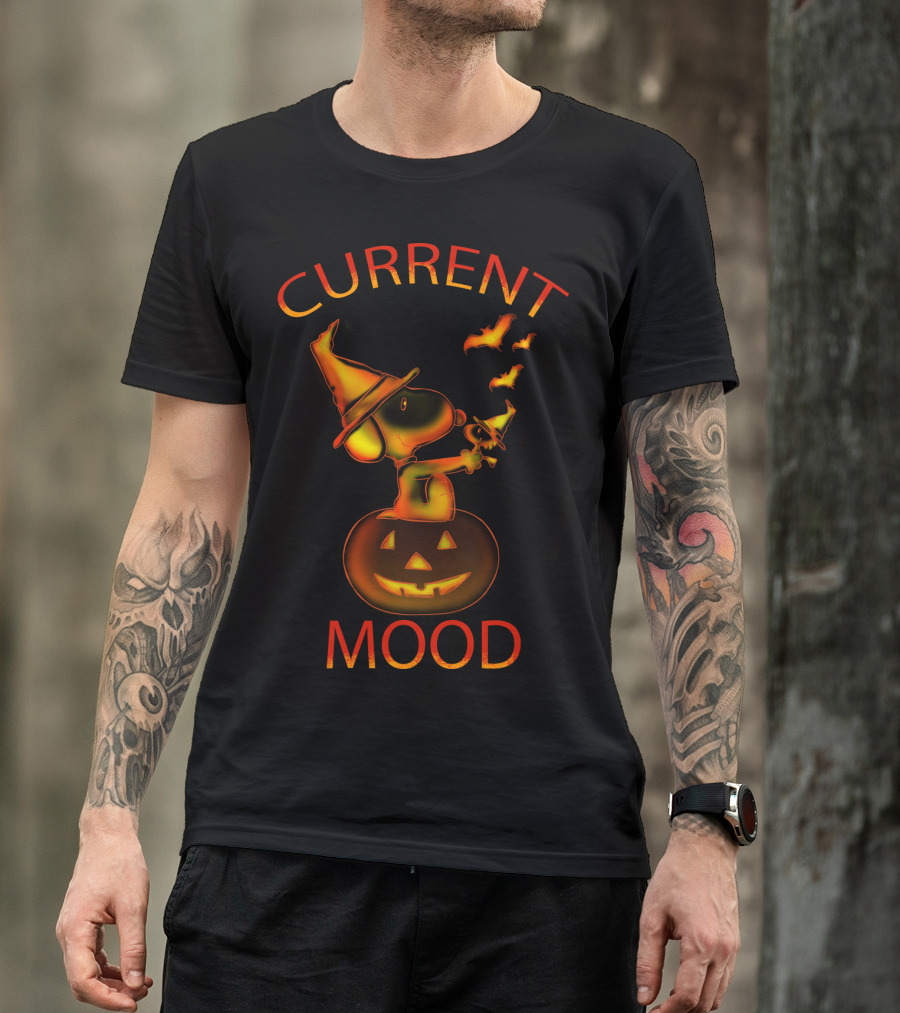 Current Mood Halloween Snoopy Wizard On Pumpkin With Bats From The Peanuts Movie T-Shirt
