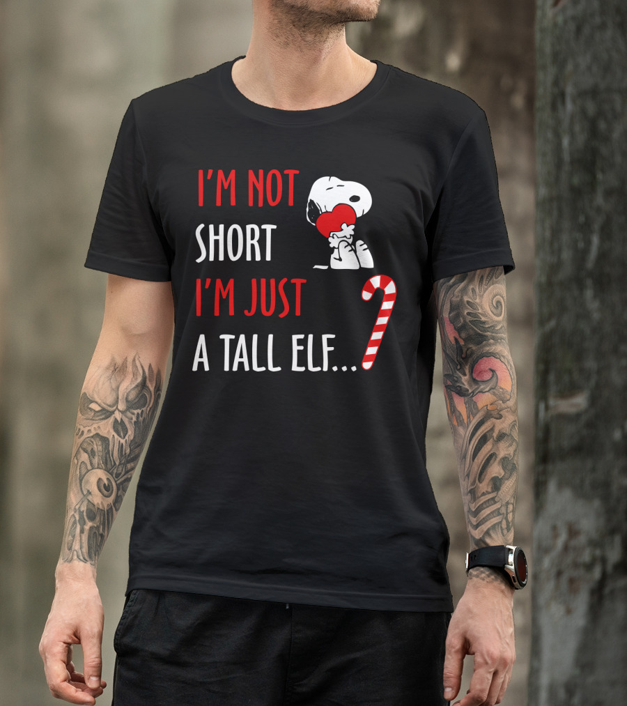 I'm Not Short I'm Just A Tall Elf Snoopy Candy Cane Hugging Heart T-Shirt