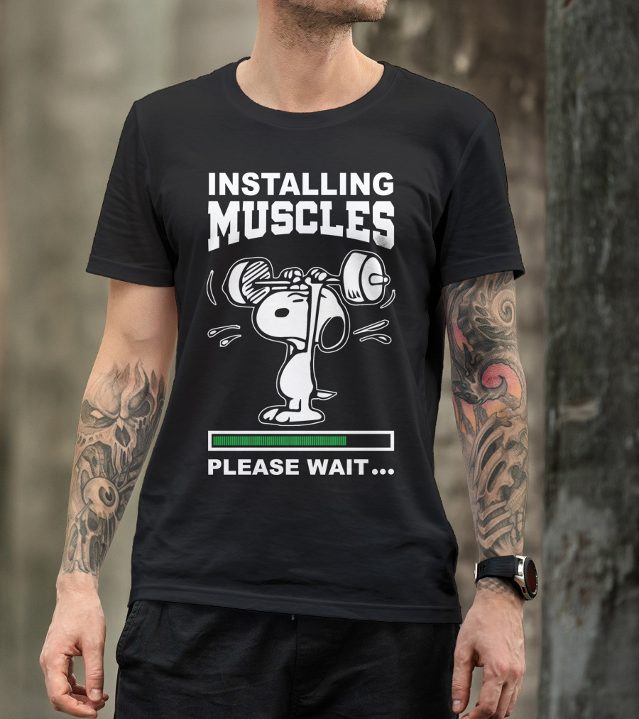 Installing Muscles Please Wait Snoopy Lifting Weights Peanuts T-Shirt