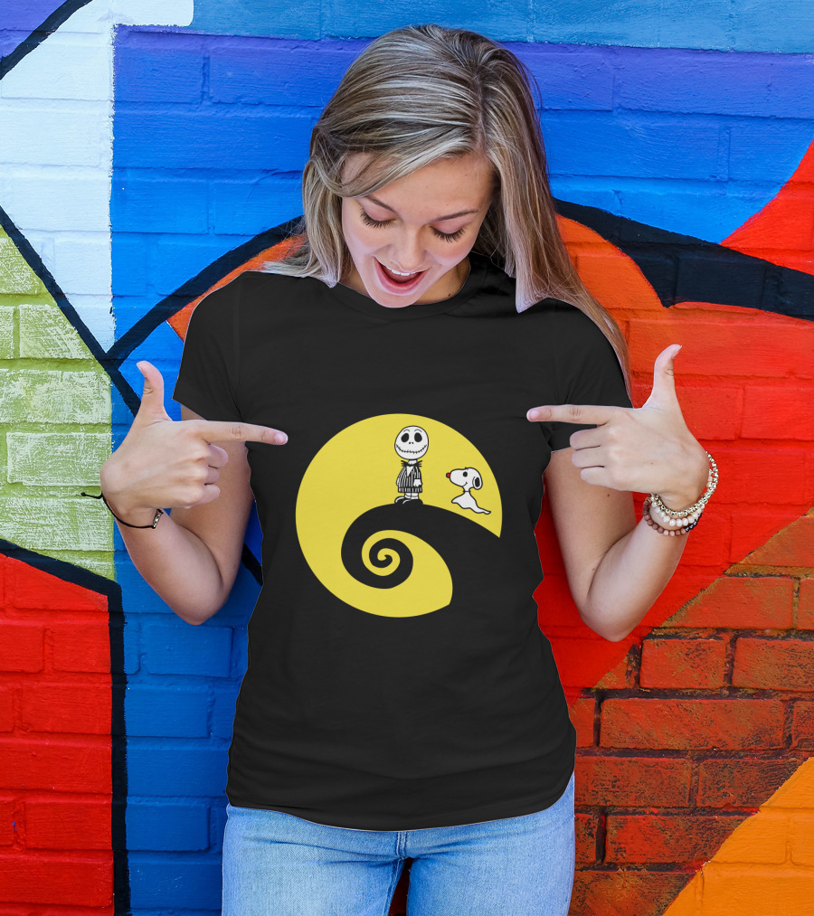 Jack Skellington And Snoopy Crossover In The Peanuts Movie Halloween Scene T-Shirt