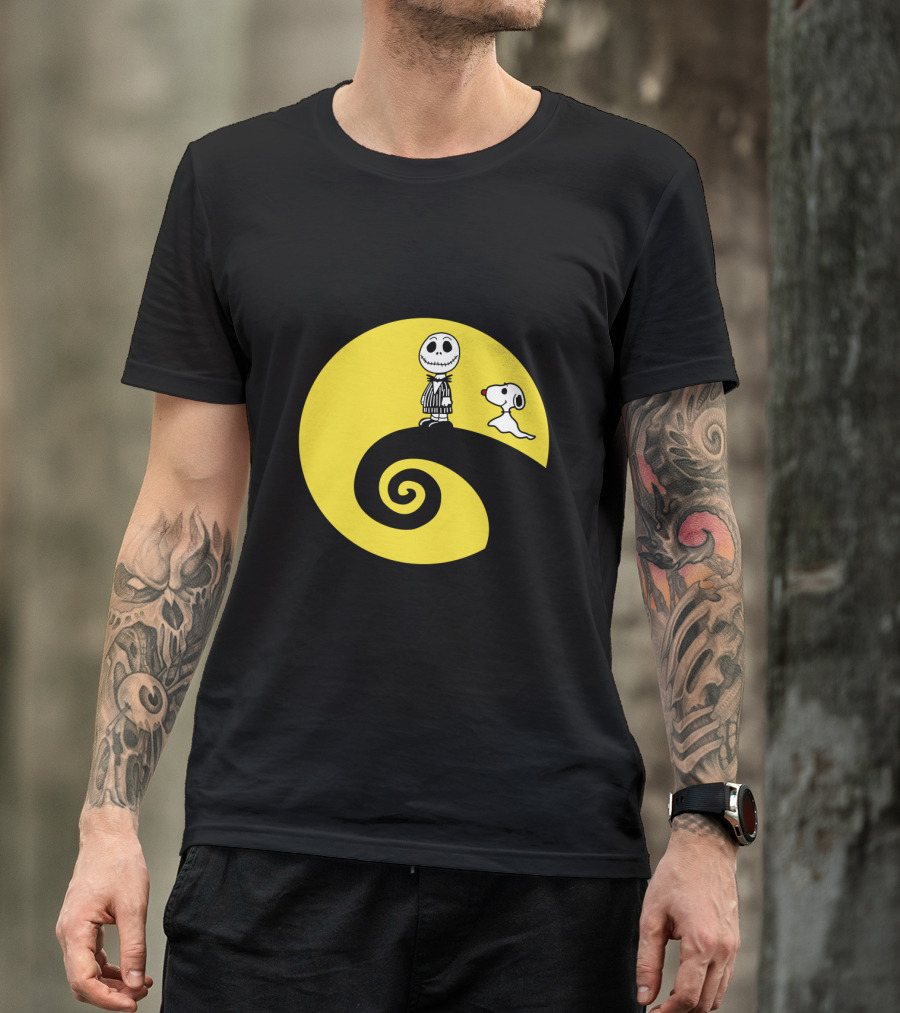 Jack Skellington And Snoopy Crossover In The Peanuts Movie Halloween Scene T-Shirt