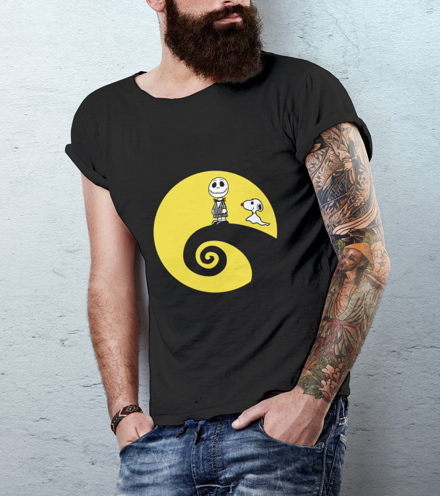 Jack Skellington And Snoopy Crossover In The Peanuts Movie Halloween Scene T-Shirt