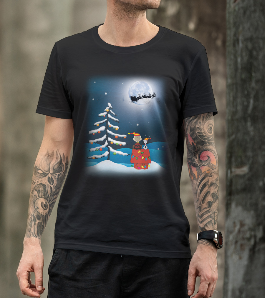 Noel Night Snoopy Peanuts Movie Christmas Scene Santa Sleigh Winter Tree With Lights T-Shirt