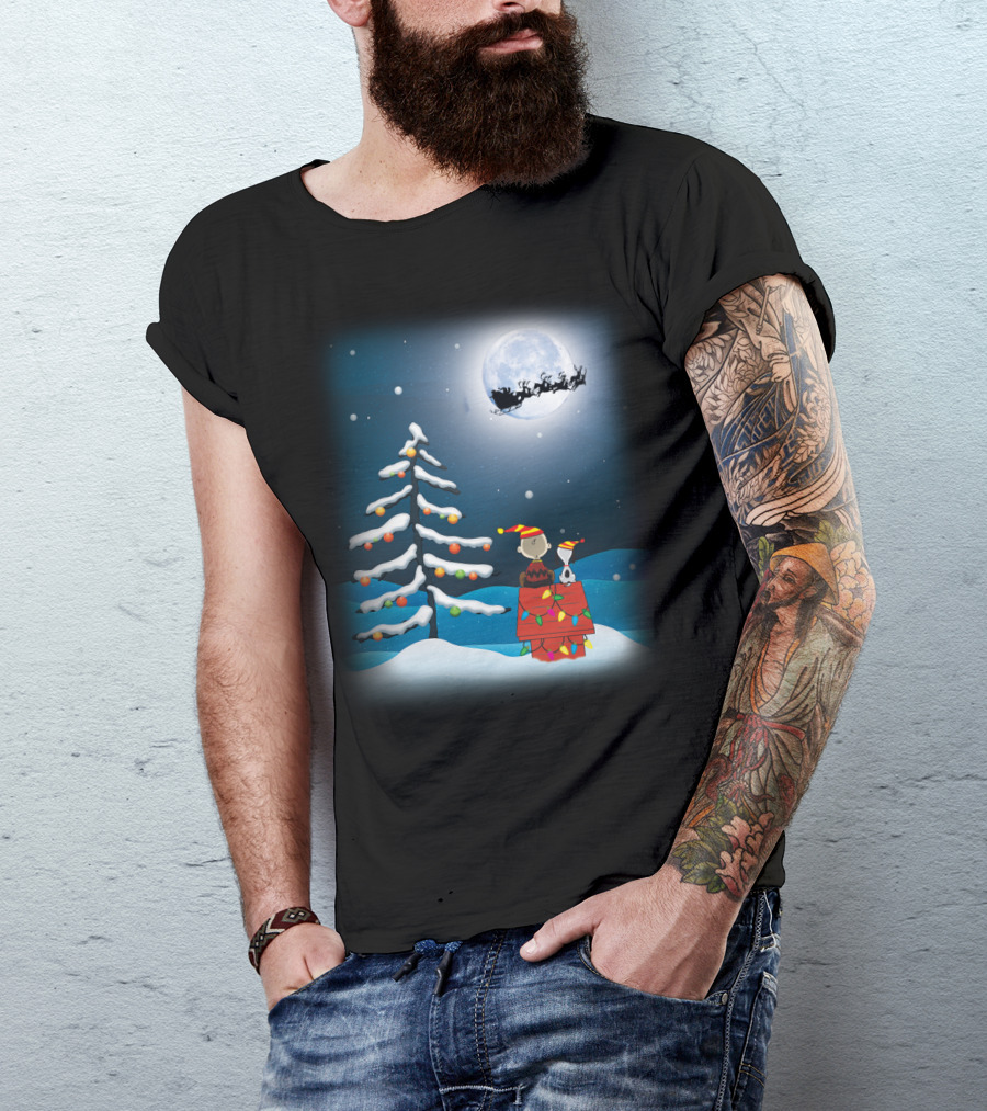 Noel Night Snoopy Peanuts Movie Christmas Scene Santa Sleigh Winter Tree With Lights T-Shirt