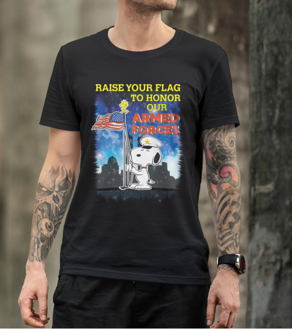 Raise Your Flag To Honor Our Armed Forces With Snoopy From The Peanuts Movie T-Shirt