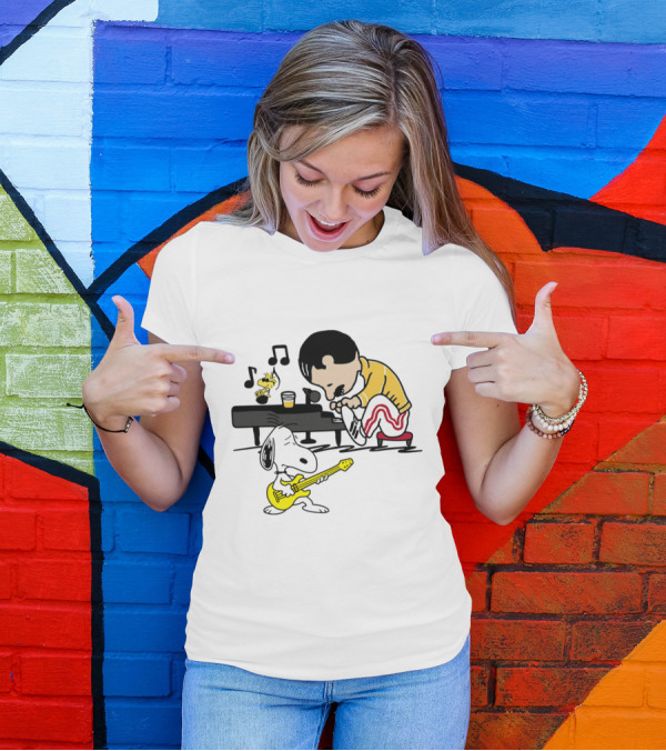 Freddie Mercury Playing Piano With Snoopy Guitar Peanuts Movie Scene T-Shirt