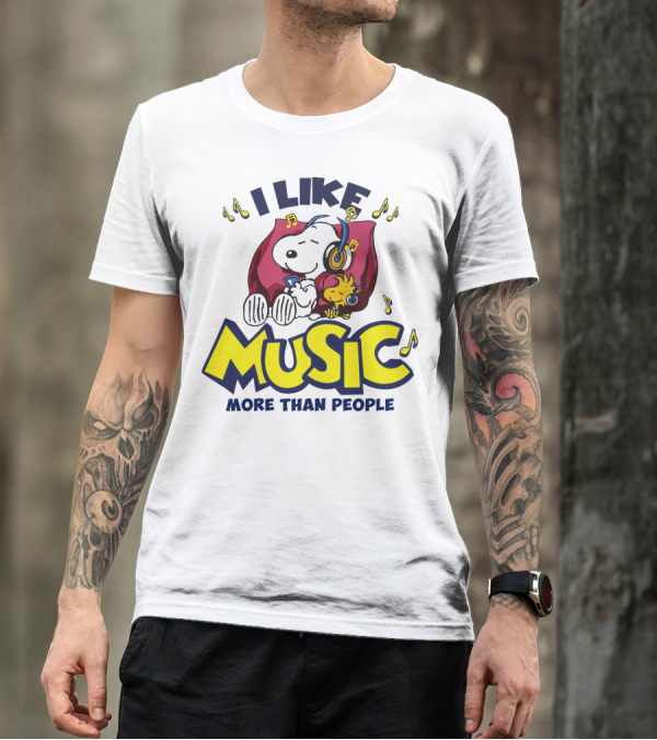 I Like Music More Than People Snoopy Listening With Headphones Peanuts Movie T-Shirt