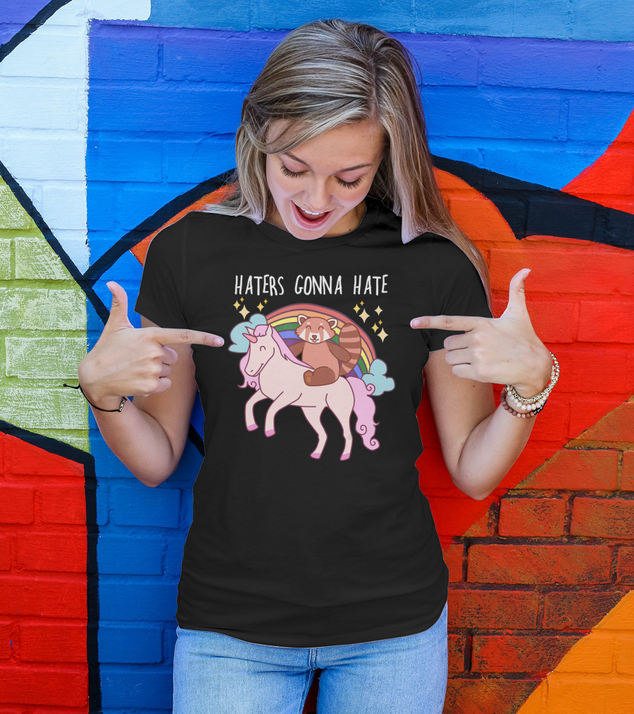 Haters Gonna Hate Red Panda Riding Unicorn With Rainbow And Stars T-Shirt