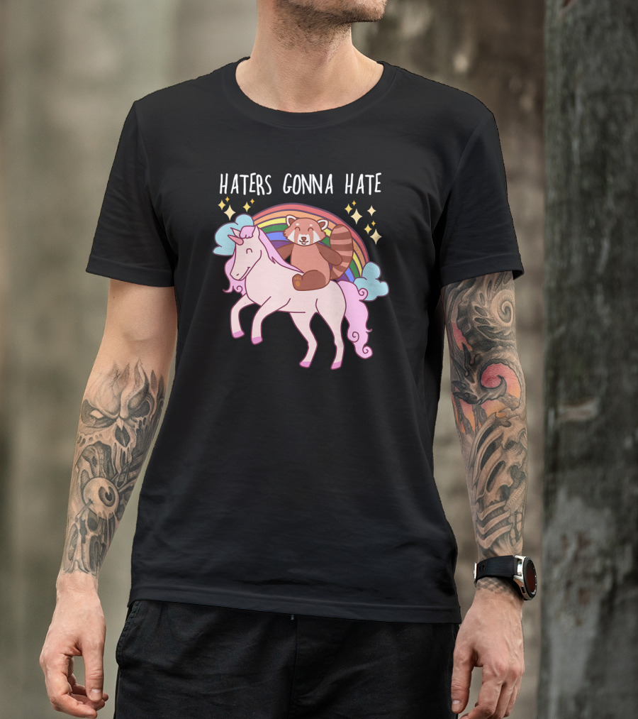 Haters Gonna Hate Red Panda Riding Unicorn With Rainbow And Stars T-Shirt