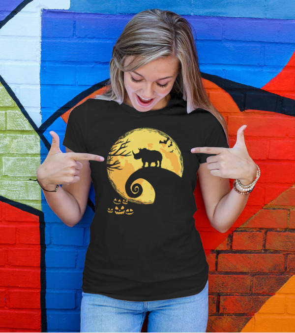 Funny Rhino And Moon Halloween Parody With Jack-O'-Lanterns And Bat T-Shirt