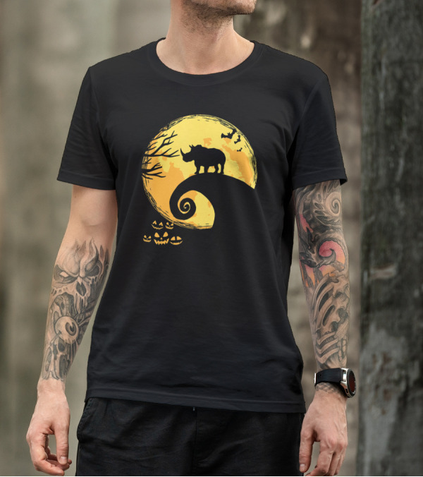 Funny Rhino And Moon Halloween Parody With Jack-O'-Lanterns And Bat T-Shirt