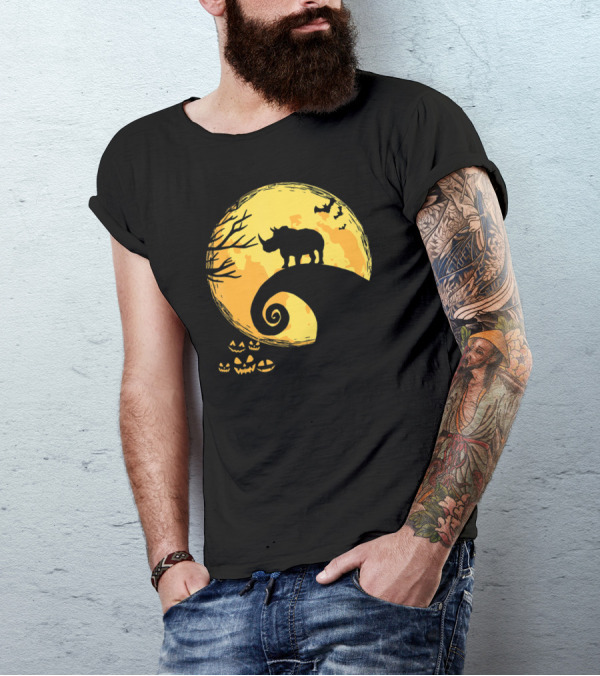 Funny Rhino And Moon Halloween Parody With Jack-O'-Lanterns And Bat T-Shirt