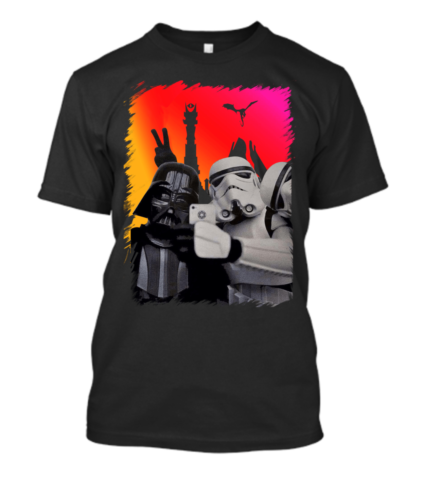 Darth Vader And Stormtroopers Taking Selfie In Mordor With Mount Doom And Sauron's Eye Star Wars Crossover T-Shirt