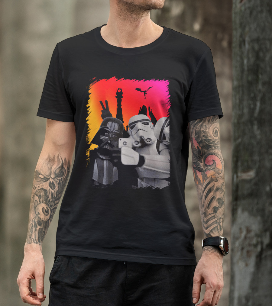 Darth Vader And Stormtroopers Taking Selfie In Mordor With Mount Doom And Sauron's Eye Star Wars Crossover T-Shirt