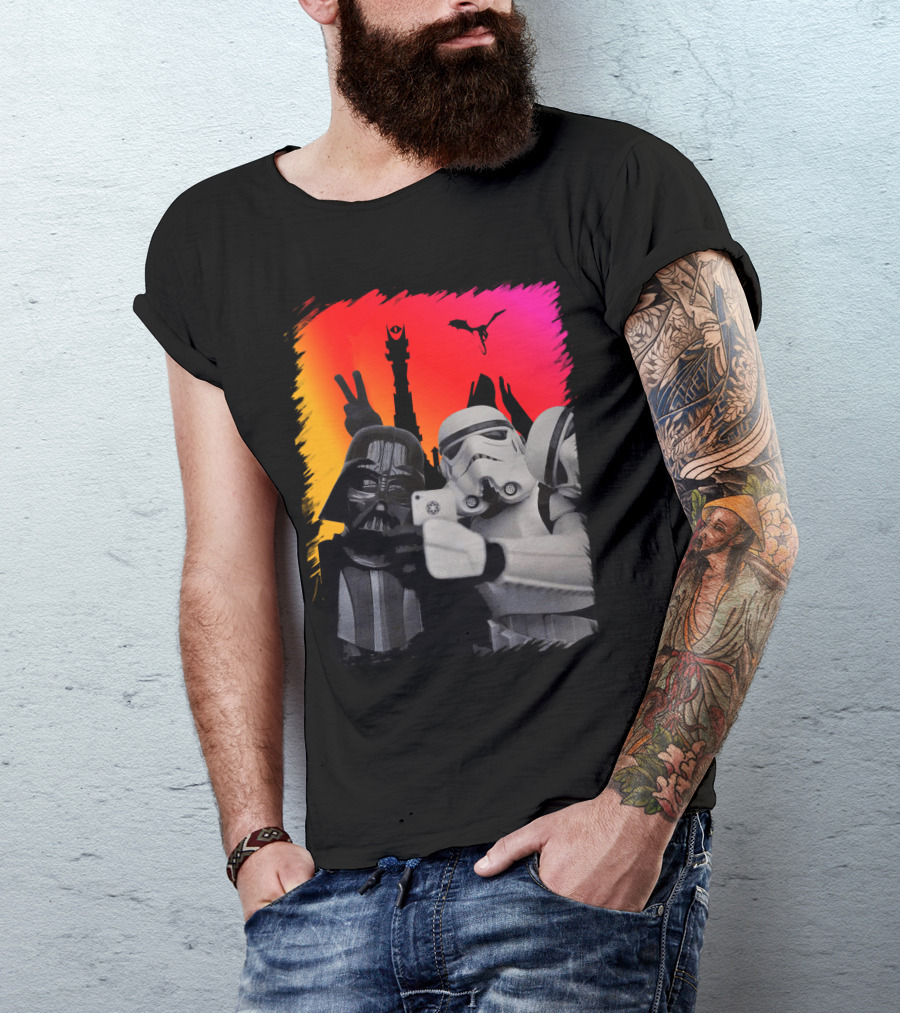 Darth Vader And Stormtroopers Taking Selfie In Mordor With Mount Doom And Sauron's Eye Star Wars Crossover T-Shirt