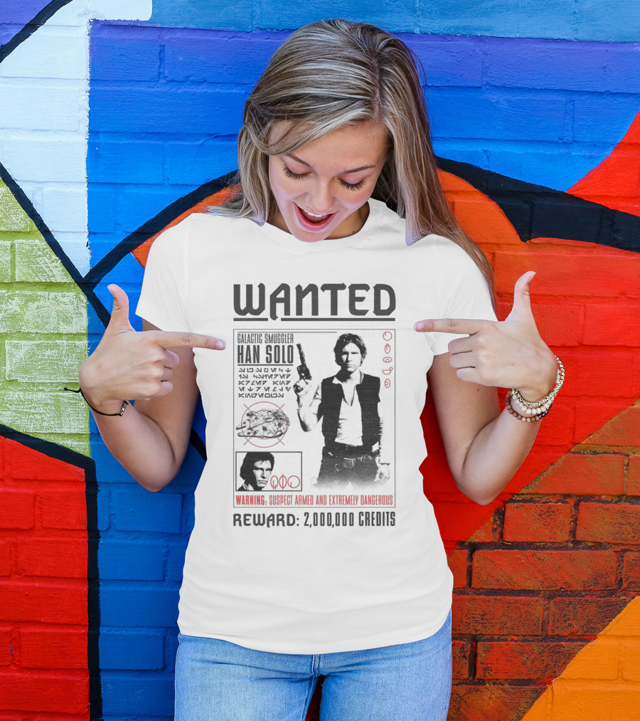 Wanted Galactic Smuggler Han Solo Star Wars Reward 2,000,000 Credits T-Shirt