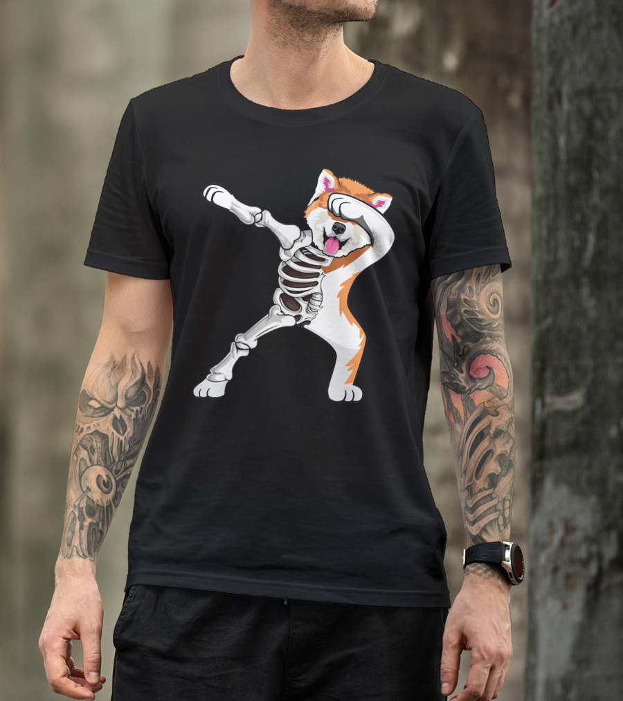 Akita Dog Skeleton Dabbing Halloween T-Shirt