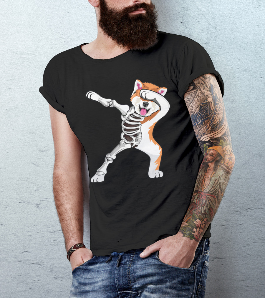 Akita Dog Skeleton Dabbing Halloween T-Shirt