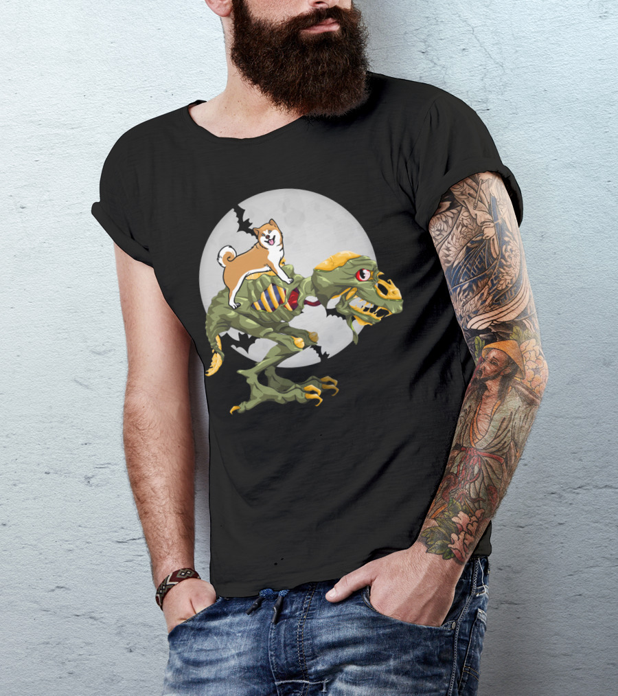Akita Riding Dinosaur Skeleton Under Full Moon With Bats T-Shirt