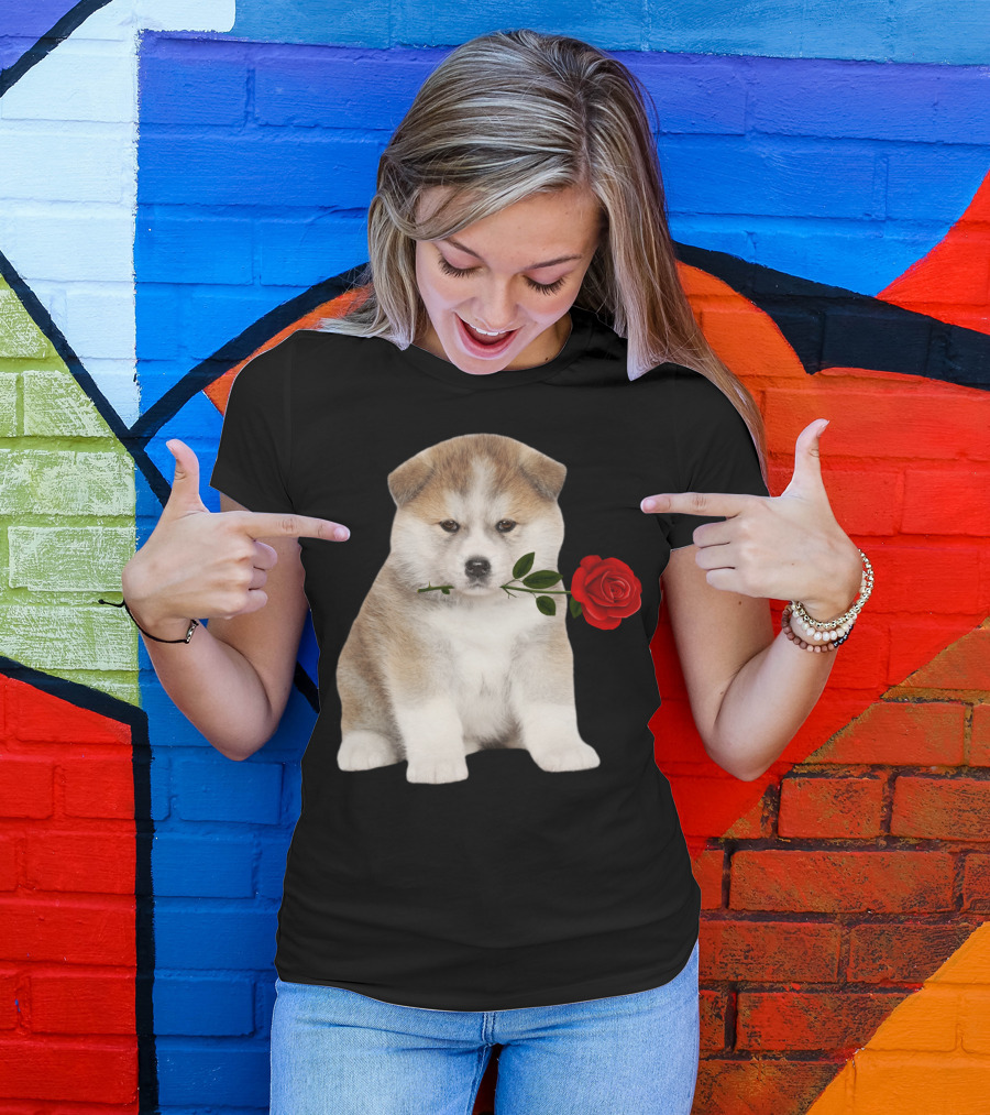 Akita Puppy Holding Red Rose T-Shirt