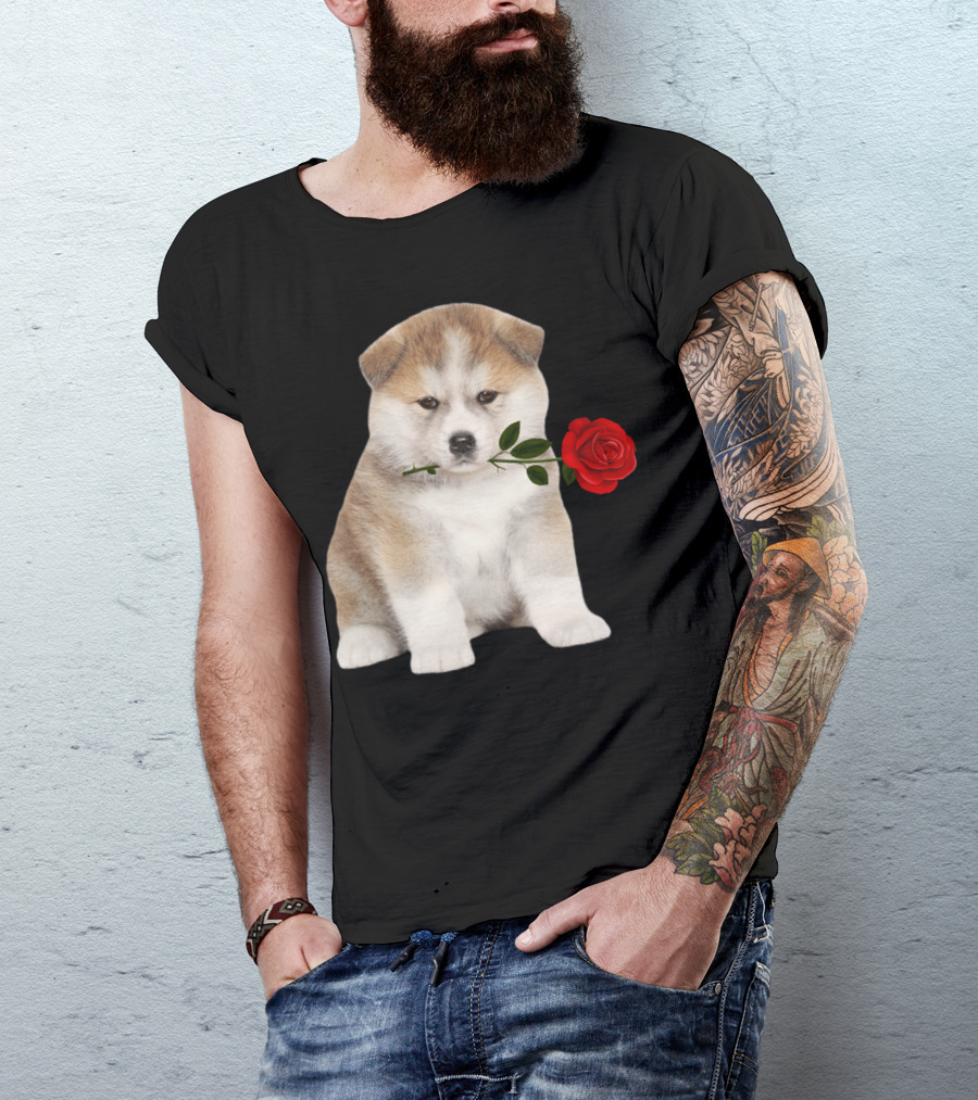 Akita Puppy Holding Red Rose T-Shirt