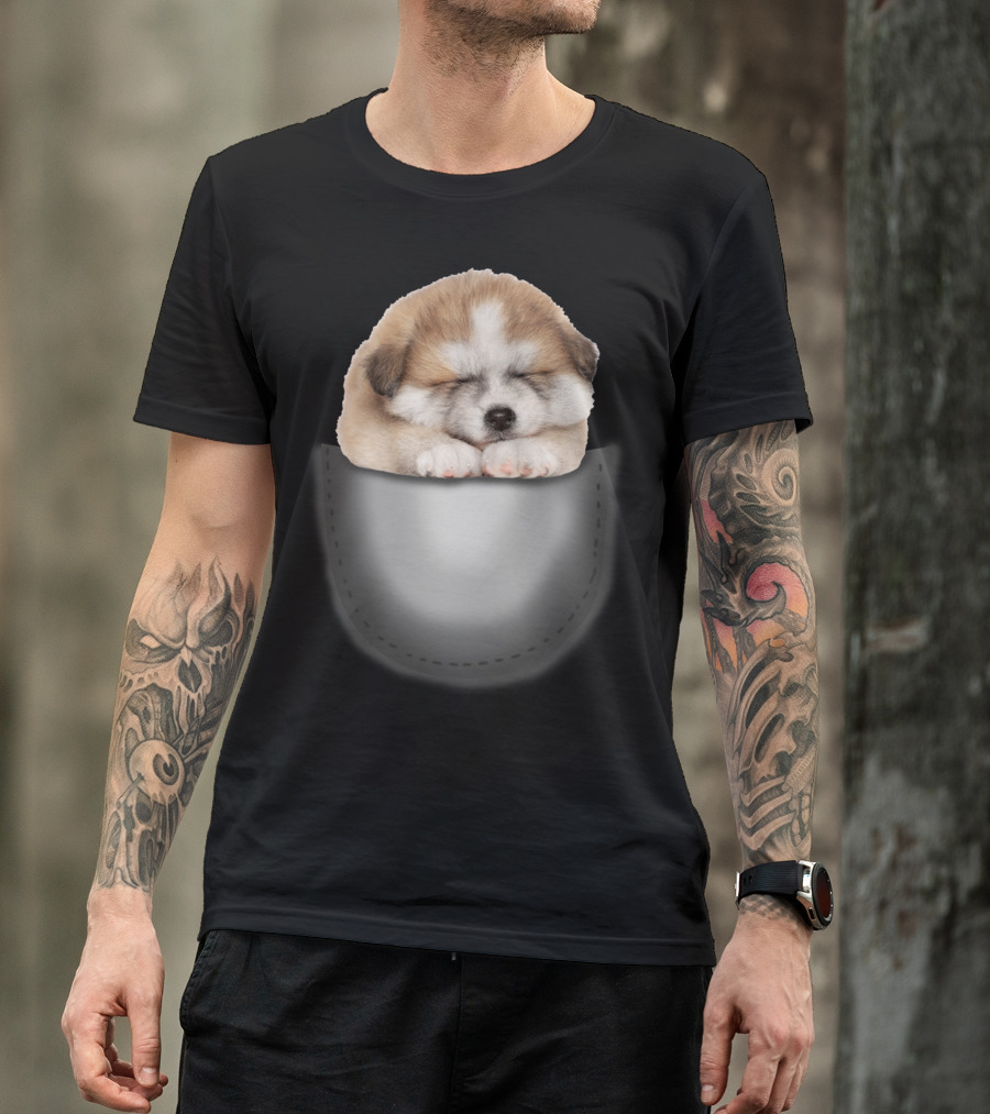 Sleeping Akita Puppy In Pocket T-Shirt