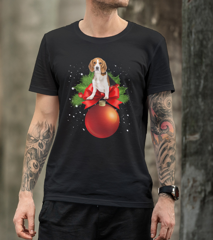 Beagle Red Christmas Ornament With Holly And Snowflakes T-Shirt
