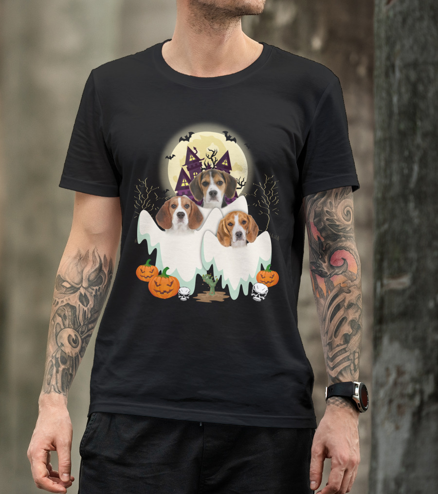 Beagle Halloween Ghosts Haunted House Pumpkins Bats Moon T-Shirt