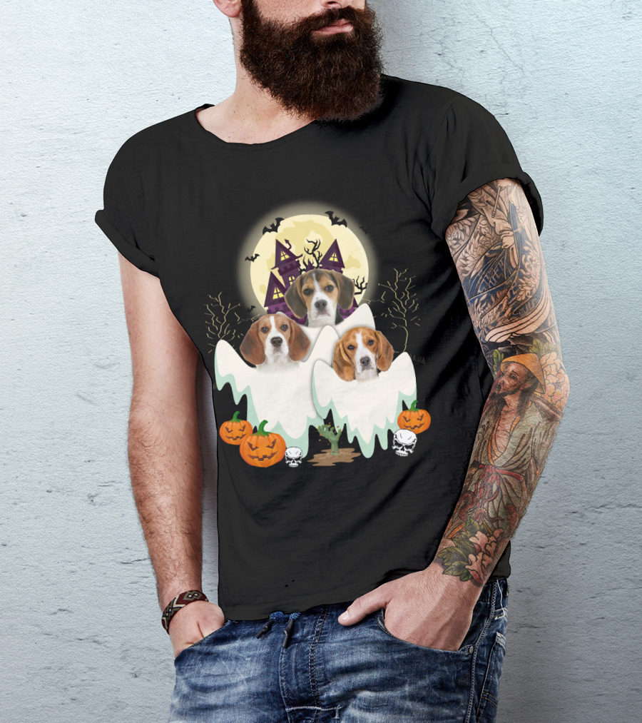 Beagle Halloween Ghosts Haunted House Pumpkins Bats Moon T-Shirt