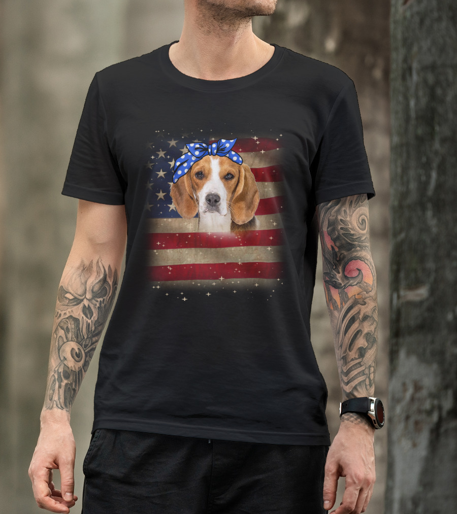 Beagle With Blue Polka Dot Bow On American Flag Background T-Shirt