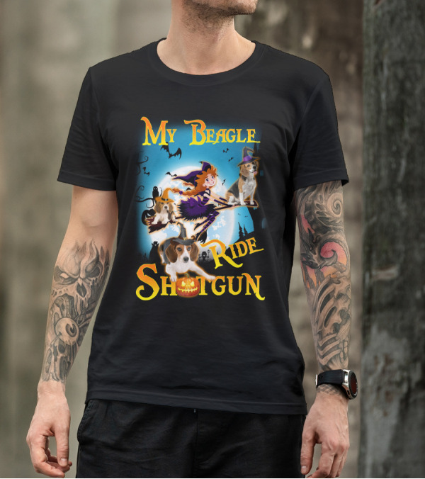 My Beagle Ride Shotgun Witch Halloween Beagle Bats Moon Jack O Lantern T-Shirt
