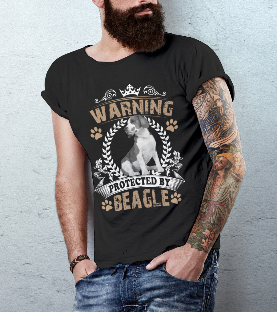 Warning Protected By Beagle Dog With Crown And Laurel Wreath T-Shirt