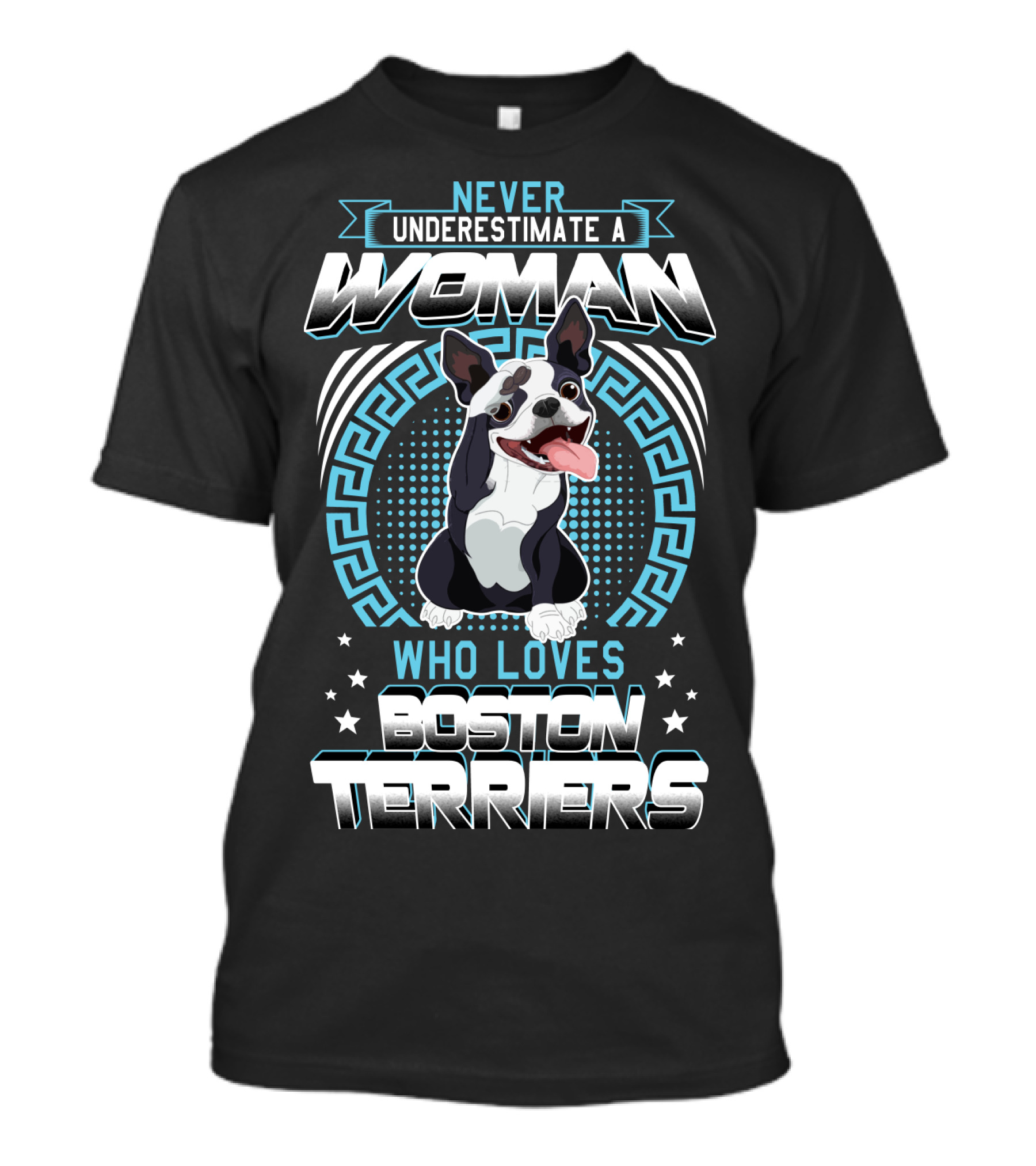 NEVER UNDERESTIMATE A WOMAN WHO LOVES BOSTON TERRIERS T-Shirt