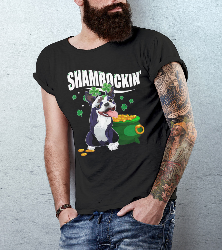 Shamrockin' Boston Terrier With Pot Of Gold And Clovers T-Shirt