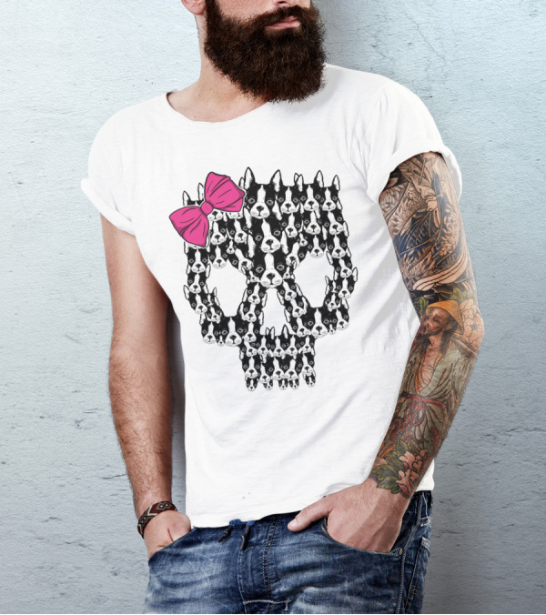 Boston Terrier Skull Pink Bow T-Shirt