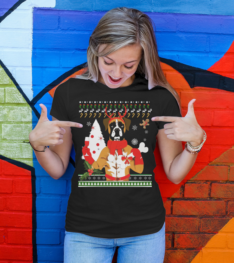 Boxer Dog Christmas Ugly Sweater Style With Reindeer Antlers And Festive Decorations T-Shirt