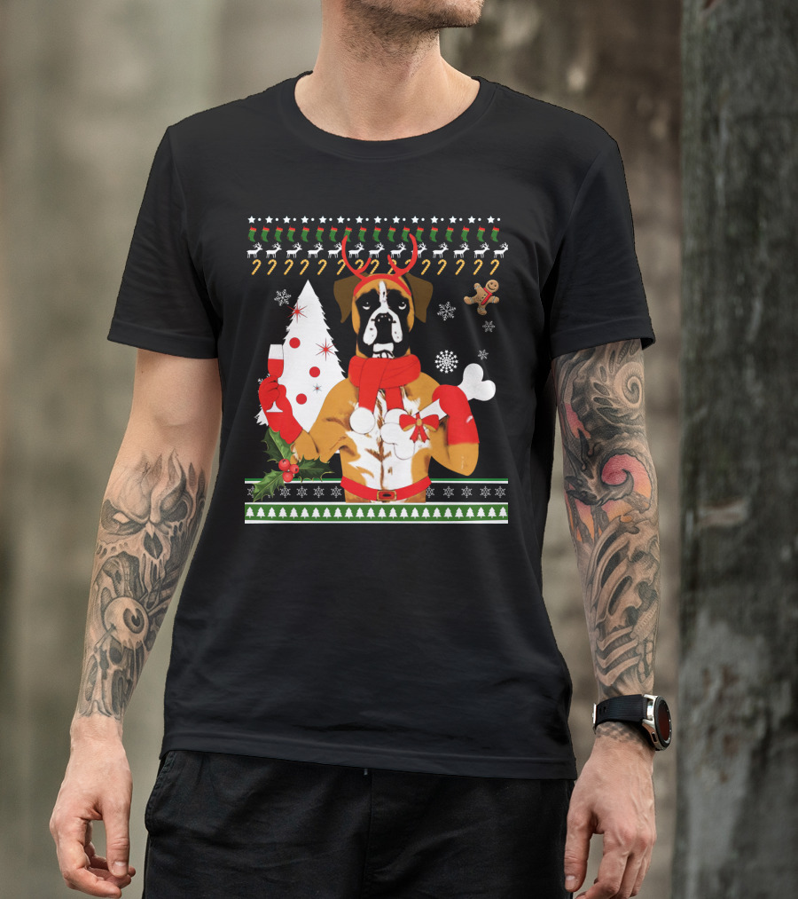 Boxer Dog Christmas Ugly Sweater Style With Reindeer Antlers And Festive Decorations T-Shirt