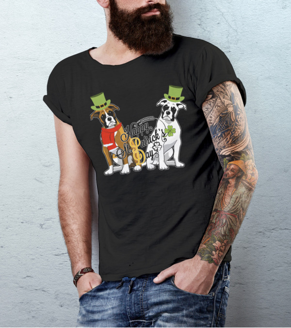 Happy St Patrick's Day Boxer Dogs With Shamrocks And Hats T-Shirt