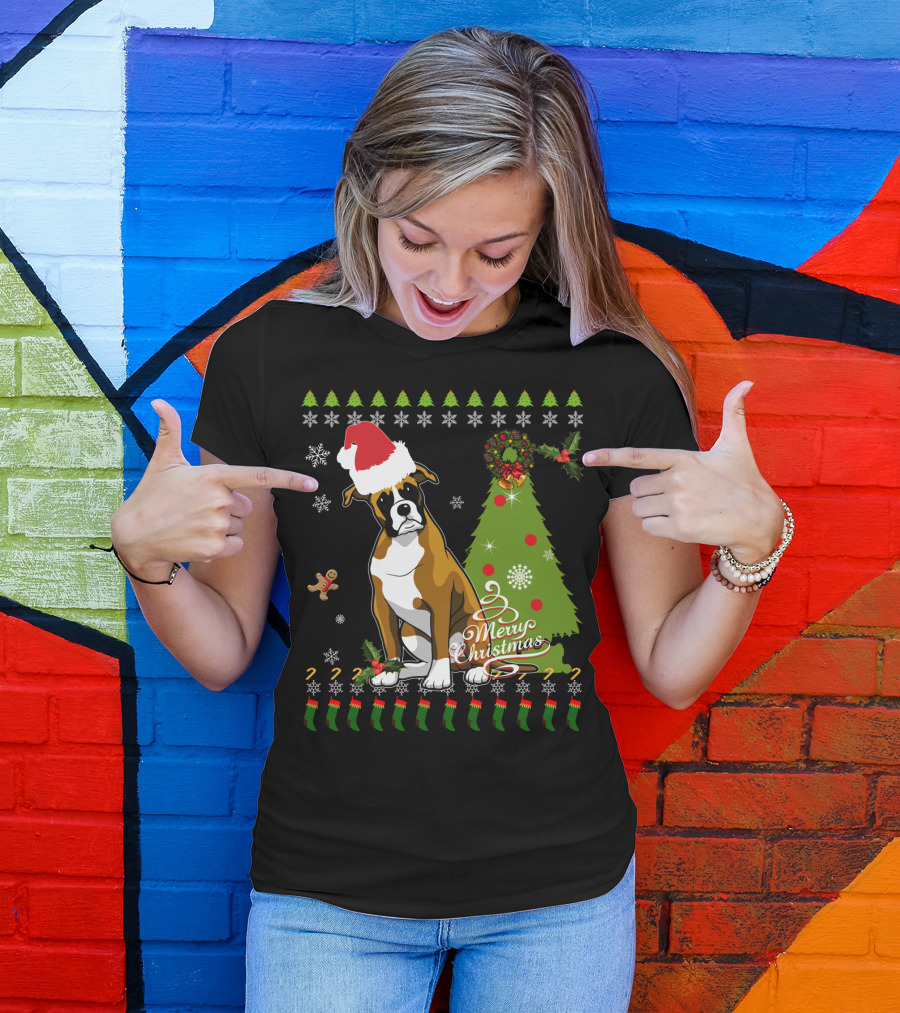 Merry Christmas Boxer Santa Hat Gingerbread Man Christmas Tree Snowflakes T-Shirt