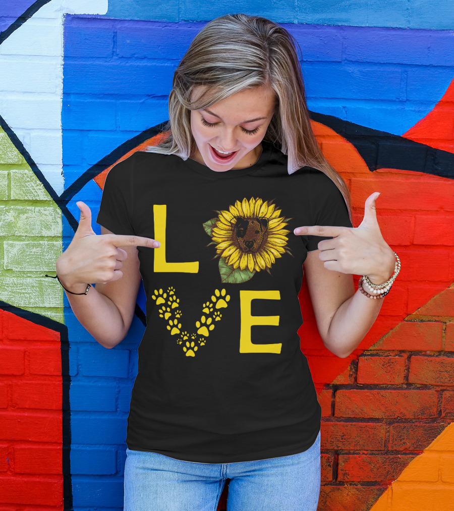 Love Bullterrier Sunflower Paw Prints T-Shirt